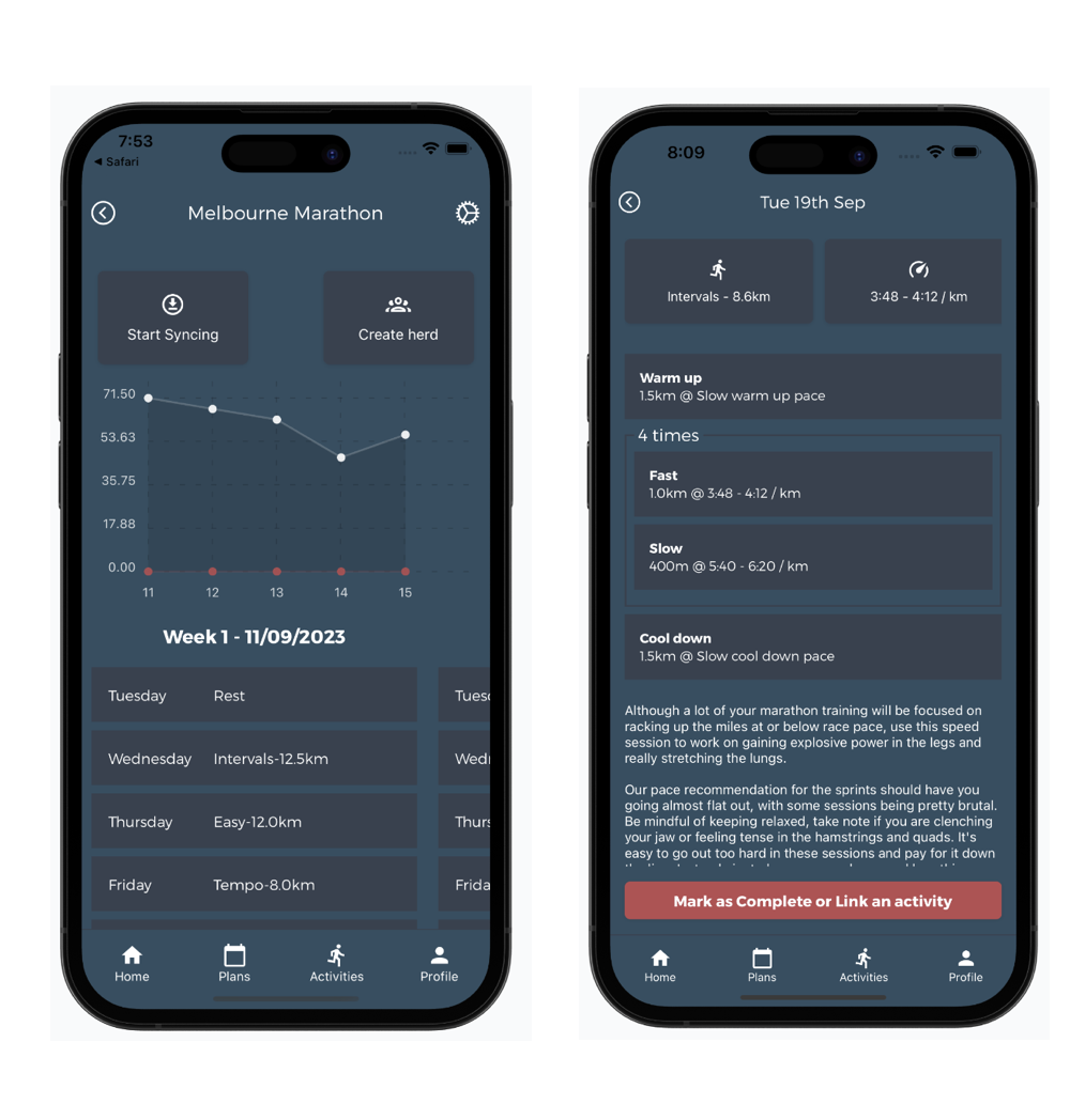 Screenshot showing plan page with some completed workouts