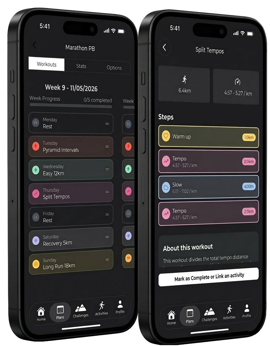 Dangelo app showing a marathon training plan with completed workouts